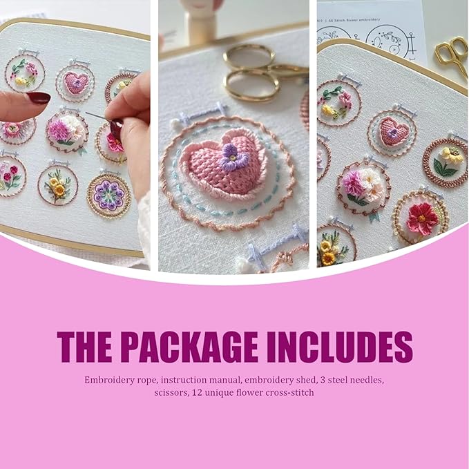 Joygoodta Embroidery Kit Hand Floral Embroidery Starter Kit Kits with 12 Different Small Flower Frame 3D Flower Kits for Adults