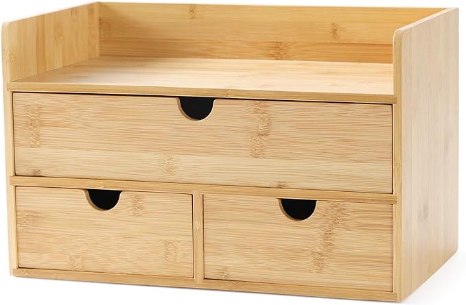 Wisuce Bamboo Desk Drawer Organizer, Desktop Organizer with Drawers Tabletop Storage Organization Box for Office Home Toiletries Supplies Vanity, No Assembly Required(1 with shelf-3 Drawers)