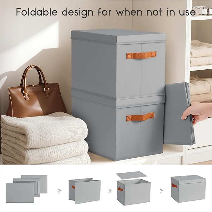 Homsorout Storage Bins with Lids - Fabric Storage Baskets for Shelves, 4 Pack Foldable Decorative Boxes with Handles, Stackable Organizer Bins for Home, Nursery, Dorm, Grey