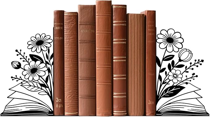 Metal Bookends Flower & Book Bookends Decorative Cute Book Ends for Shelves Bookshelf Reading Decor Bookshelf Decor Space-Saving Desk Organizer for Book Lovers Gift