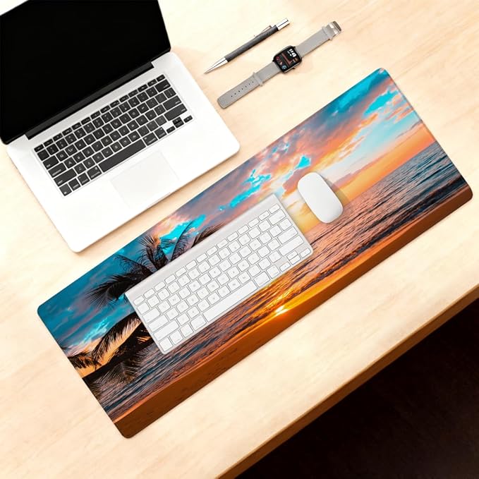 Sunset Beach Palm Large Mouse Pad Non-Slip Rubber Long Gaming Desk Mat Big Computer Keyboard Mousepad Waterproof Protector Wristing Pad for Gaming Office Home Decorative 31.5 X 11.8 Inch