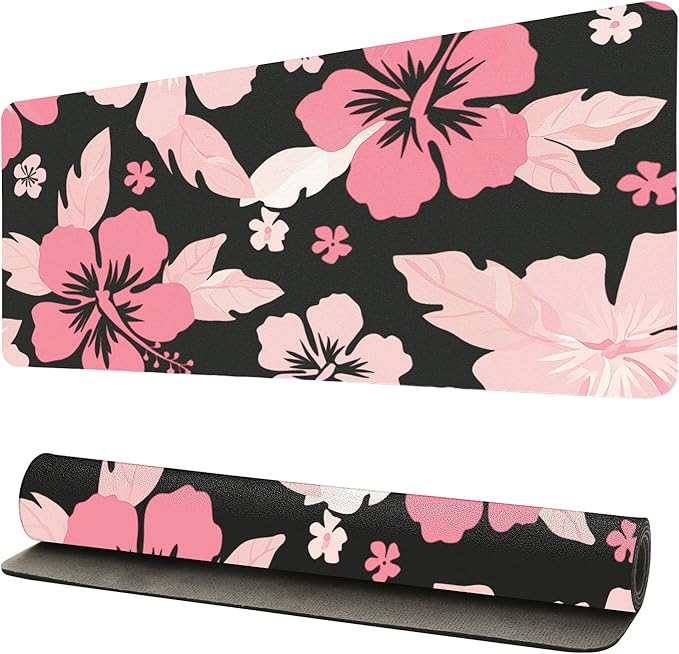 Hibiscus Flowers Desk Mat for Women, Large Waterproof PU Leather Desk Pad with Non-Slip Base, Artistic Office Keyboard Cover for Gaming & Home Work, Tropical Desk Decor (31.5 * 15.75in)