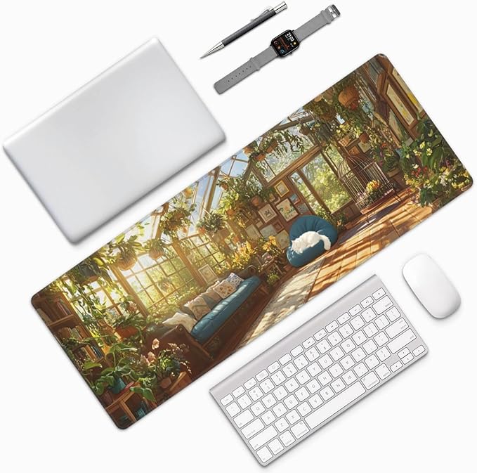 Cat Pattern Mouse Pad 31.5 X 11.8 Inch Big Desk Rubber Base Stitched Edges Keyboard Pad XXL Mouse Mat for Home Game and Office