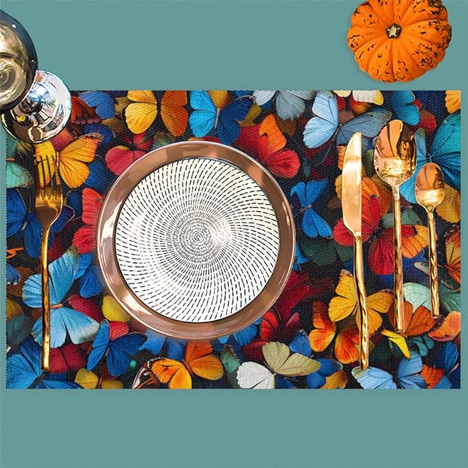 Placemats Set of 4 Heat-Resistant Rectangle Place Mats Vintage Art Butterfly Washable Plastic PVC Dining Table Mat Non-Slip Wipeable Woven Vinyl Placemat for Kitchen Patio Table Decor