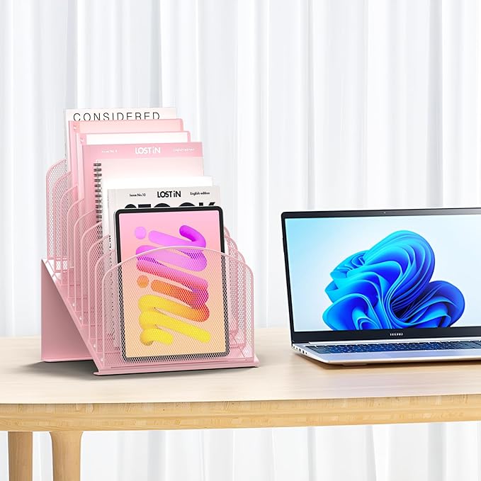 Inclined Desk File Organizer Metal Desk Magazine Folder Holder with 8-Section Vertical Compartments Rack File Organizer for Office, Home, School, Pink