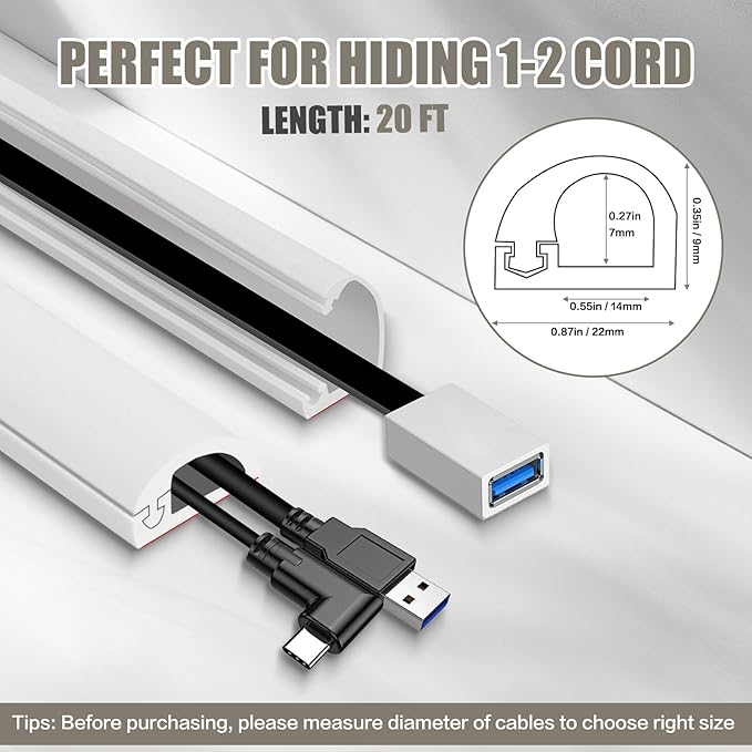 Cord Wall Cover, 236in Self-Adhesive Wire Covers for Cords on Wall, Extension Cable Hider for Floor, Mounted Tv, Home and Office Cavity 0.63" Wx0.31 H (White)
