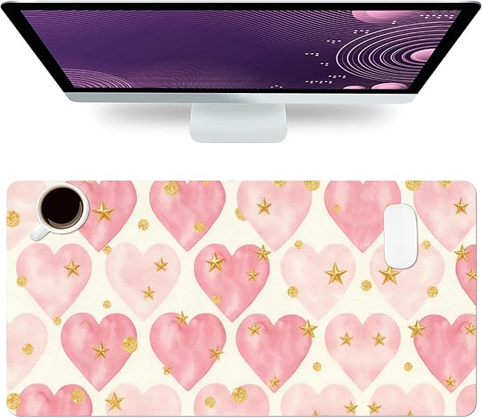 Valentine Desk Mat, Pink Heart Large Mouse Pad for Desktop, PU Leather Waterproof Desk Pad, Computer PC Laptop Protector Gaming Mouse Pads Valentine's Day Gifts for Her Him (31.5" x 15.7")