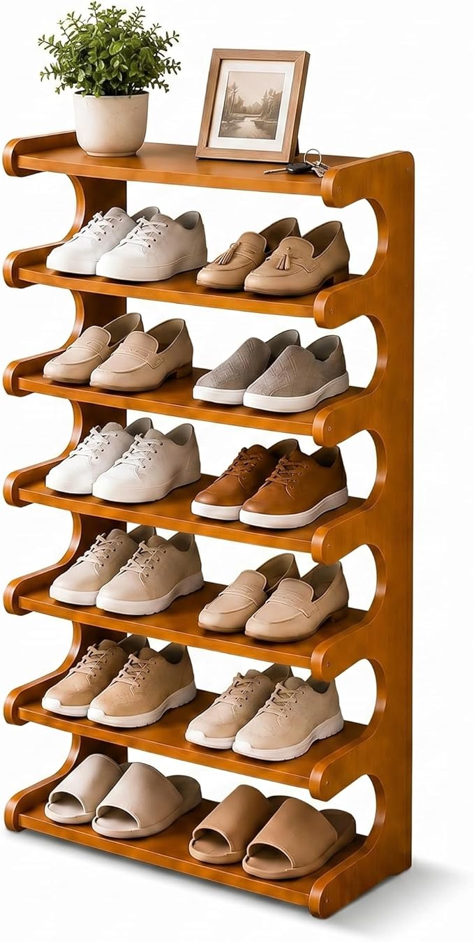 Narrow Shoe Rack for Entryway,Corner Shoe Rack— Wooden, Freestanding, Multi-Tier Shoe Storage Units Suitable for Entryways, Hallways, Bedrooms, Living Room Corners, and Compact Spaces (7 Tier/19.7"W)