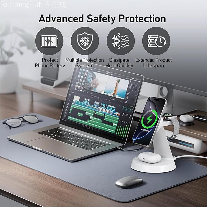 iPhone Charging Station 3 in 1 Wireless Charger for Apple Devices, 15W MagSafe Stand Compatible with iPhone 17 16 15 14 13 12 Pro Max Plus, Charging Dock for AirPods 4 3 2 & iWatch Series (White)