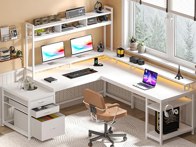 EnHomee 64 x 60 Inch L Shaped Desk with Shelf and Drawers, Gaming Desk with Power Outlet & Monitor Stand & LED Lights, Reversible White Vanity Desk, Two Person Desk for Living, Gaming Room, White