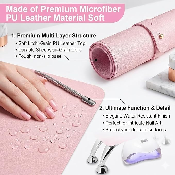 Nail Art Table Mat, Foldable Nail Hand Rest Manicure Pad, Soft Microfiber PU Leather Nail Mat, Nail Arm Rest Pad for Acrylic Nails, Nail Table Pad Desk Mat for Nail Technician Salon Home (Pink)