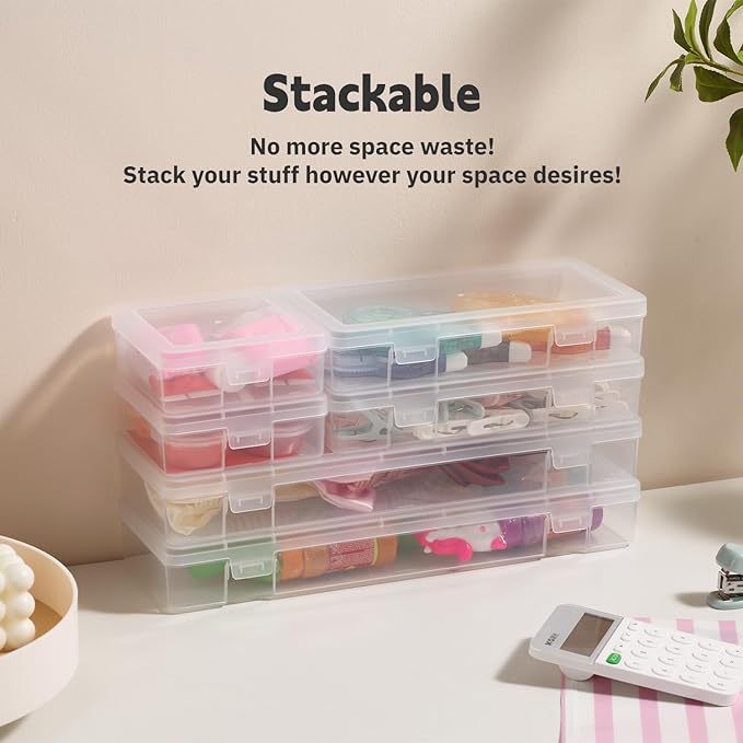novelinks Plastic Clear Storage Containers for Organizing, Craft Storage Organizers and Stackable Storage Bins with Lids for Pencil Box, Bead, Cookie Cutter, Board Game (6 Pack Large)