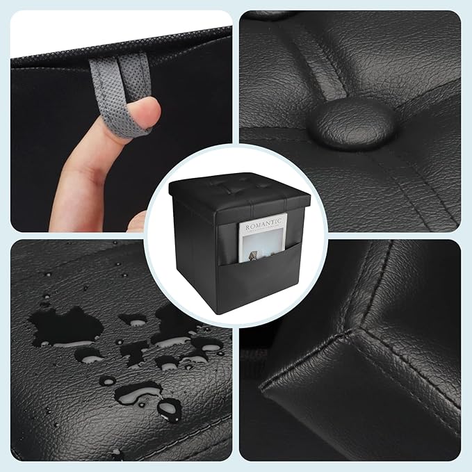 Bsketa Storage Ottoman Foot Rest Stool, Small Leather Storage Ottomans Bench, Folding Footstool with Side Pockets, Foot Rest Under Desk for Living Room Bedroom, 15x15x15 in, Black