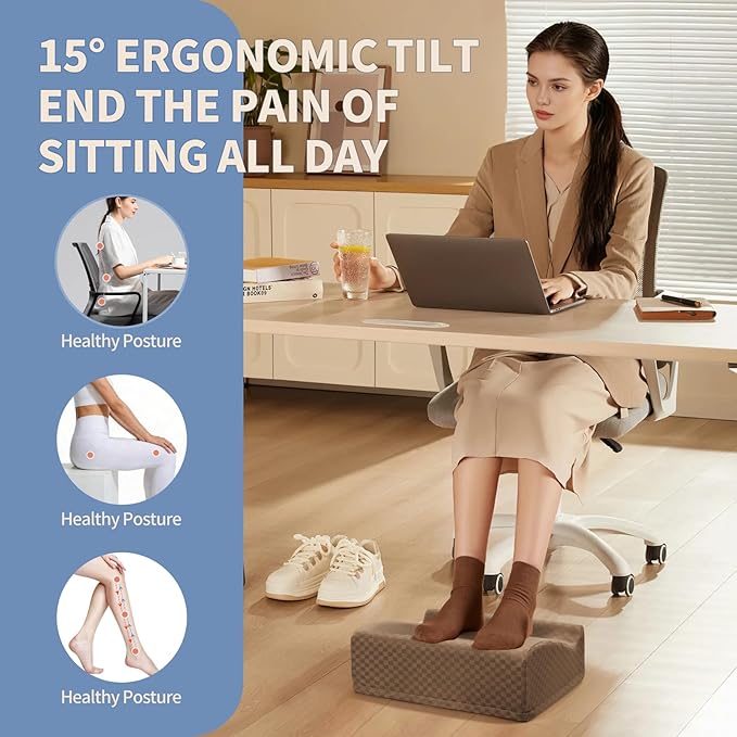 Ergonomic Foot Rest for Under Desk at Work – 15° Tilt Angle Under Desk Footrest with High-Resilience Foam, Velvet Top & Non-Slip Base, Comfortable Foot Stool for Office Chair and Home, Brown