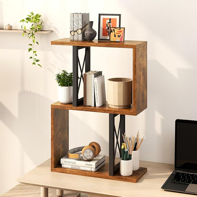 IBUYKE Desktop Bookshelf, 3-Tier Table Bookcase Shelves Storage Organizer Hutch for Office/Dorm, Solid Ability Desk Shelve UTMZ011H