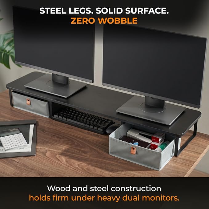 DuoStand Plus - 39” Dual Monitor Riser for Desk with 2 Drawers - Wood & Steel Double Monitor Stand with Storage - Desk Organizer Shelf for Desktop Computer, Laptop, TV & Printer (Matte Black)