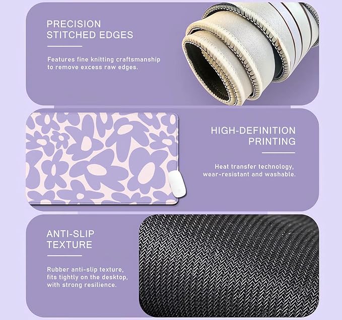 Large Mouse Pad, Aesthetic Cute Purple Flowers Computer Desktop Pad, Purple Computer Mats for Desk, Keyboard Laptop Mat, 31.5 x 11.8 inches