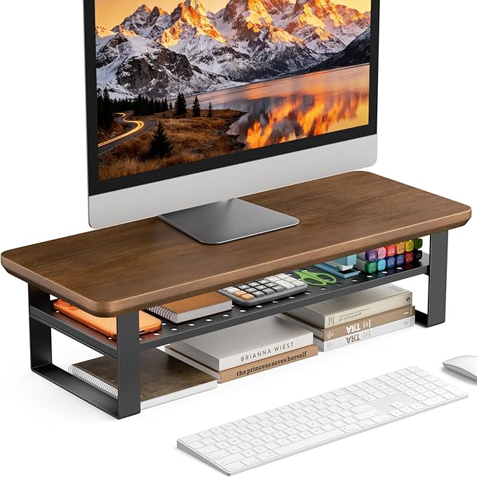Monitor Stand Riser, 24 Inch Computer Monitor Stand for Desk, 2-Tier Wood Desk Shelf Organizer with Storage, Desktop Stand for Laptop/Screen/PC/Printer, Ergonomic Home Office Monitor Stand