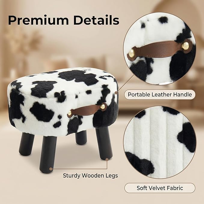 Small Footstool with Handle, Faux Fur Ottoman Foot Rest with Padded Seat, Curved Foot Stool with Wooden Legs, Portable Foot Rest for Living Room, Bedroom, Entryway, Cow