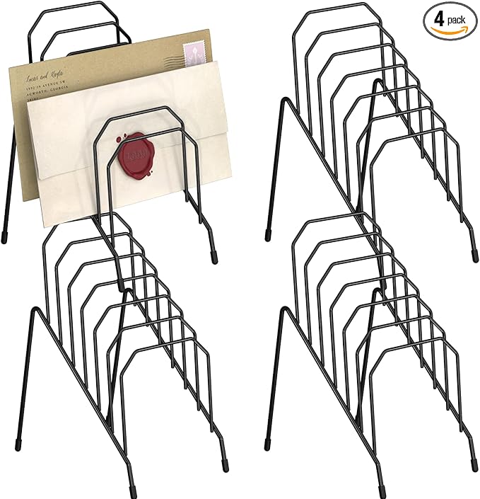 Gawerk Incline Desk Mail Organizer, Mail Sorter Letter Organizer Rack with 6-Section Vertical Compartments Rack for Letters, Postcards, Brochures, Mail Holder for Office, Home, School (4 Pack)