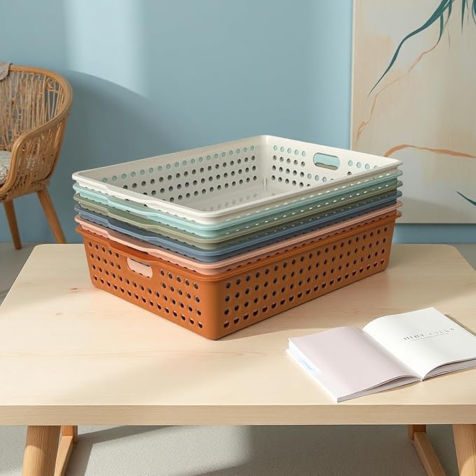RAUVOLFIA 6 Pack Plastic Turn in Paper Trays for Classroom, Colorful Storage Bin Basket Organizers for School Supplies, Classroom Organization and Storage Tray Holds 4A Paper (Boho)