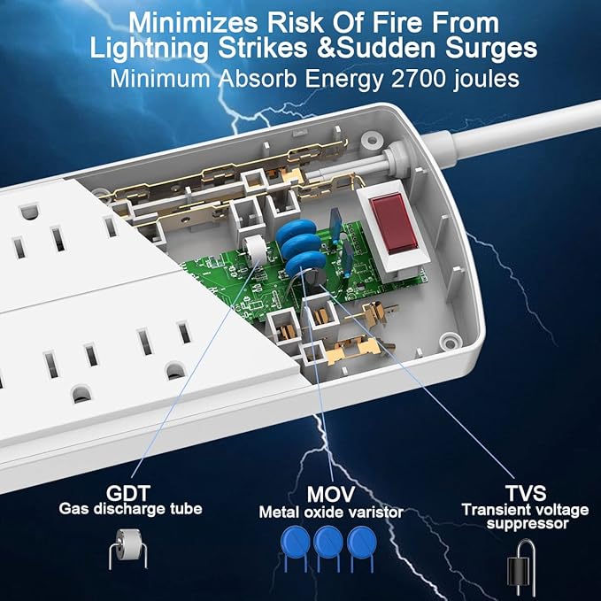 6FT Surge Protector Power Strip, Nuetsa Extension Cord with 8 Outlets and 4 USB Ports, 6 Feet Power Cord, 2700 Joules, ETL Listed, White