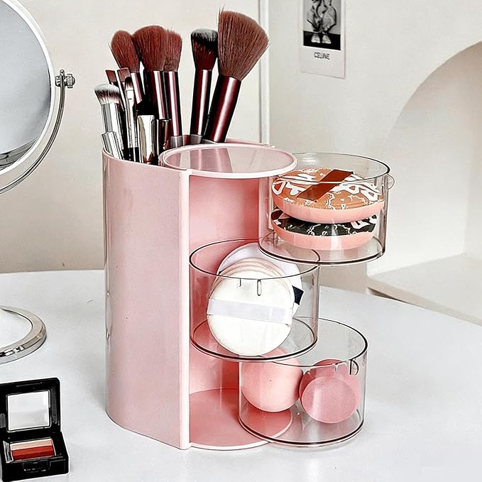 3-Layer Rotating Girls Hair Accessories Organizer Multi-Function Hair Brush Holder Makeup Organizer, Desktop Storage for Hair Clips, Hair Ties, Combs, Jewelry & Stationery (Pink)
