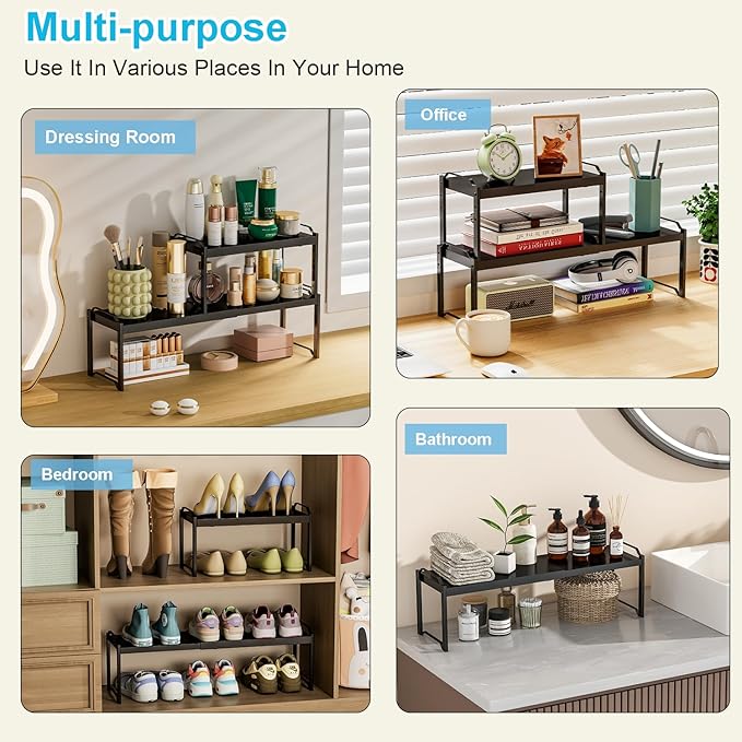 Set of 2 Expandable Kitchen Cabinet Shelf Organizer, Stackable Countertop Cabinet Storage Shelves Organizers For Spice Plate Dish Mug Cups, Adjustable Counter Cupboard Pantry Shelf Organizer