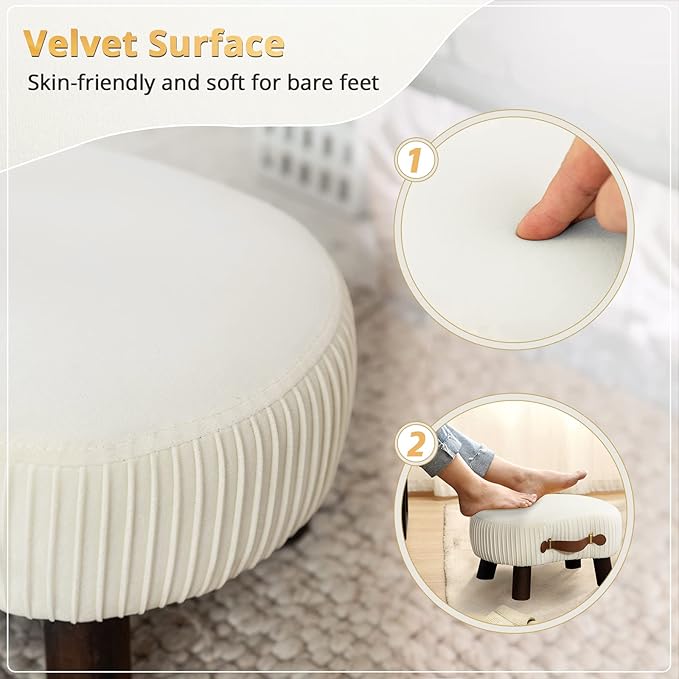 LUE BONA Small Curved Foot Stool with Handle, Beige Velvet Footstool and Ottomans, Modern Foot Rest with Wooden Legs, Step Stool with Padded Seat for Couch, Living Room