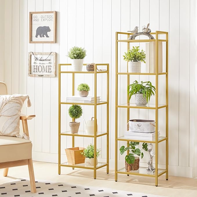 HOOBRO 5-Tier Gold Shelf, Narrow Book Shelf, Display Cabinet with Glass Bookcase, Corner Shelf Storage for Small Spaces, for Home Office, Living Room, Bedroom, Gold GD45SJ01