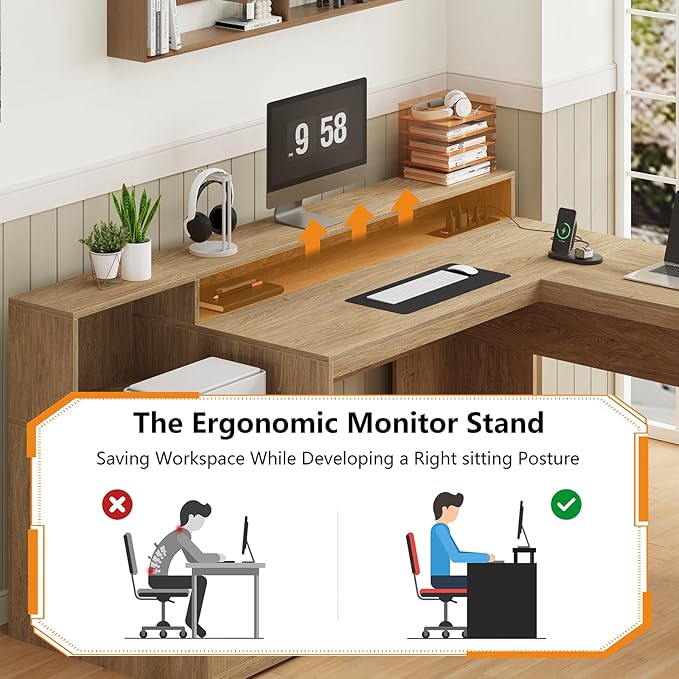 YOMILUVE 63" Farmhouse L Shaped Executive Desk with Drawers & Storage Shelf, Corner Fluted Computer Desk with Power Outlets, L Shaped Office Desk with Monitor Stand, Printer Shelf, Oak