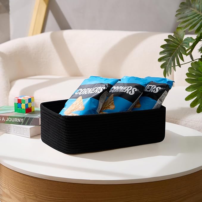 MiniArk Large Shallow Organizing Baskets 15x11x5.1 Inches - Rope Woven Storage Bins for Bathroom, Shelves, Cube Closet, Black 4 Packs