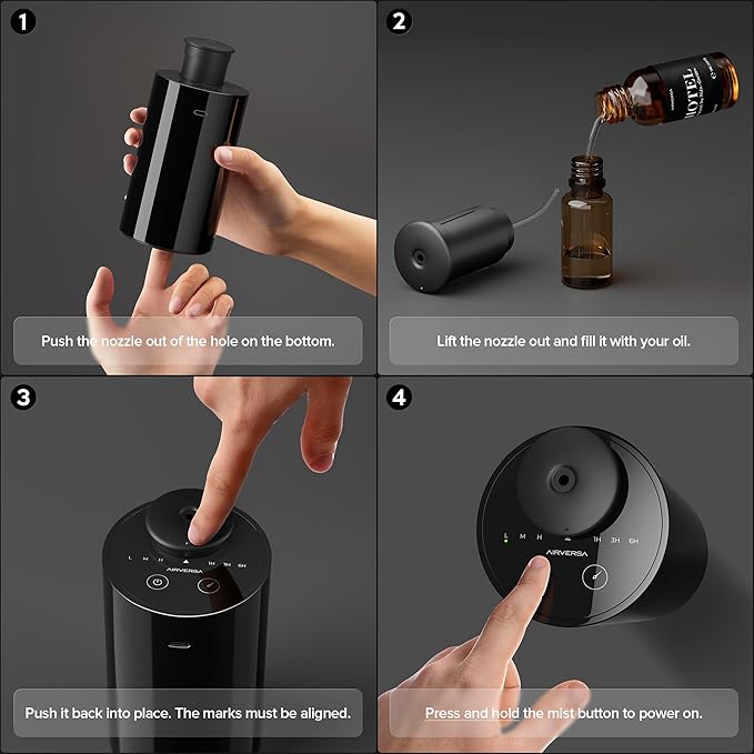 Airversa Waterless Essential Oil Diffuser Starter Kit with 2x20mL Hotel Fragrance Oils for Car Home Office, Cordless Battery Operated Scent Air Cool Mist Diffuser, Mist/Timers, AN6KIT-C Black