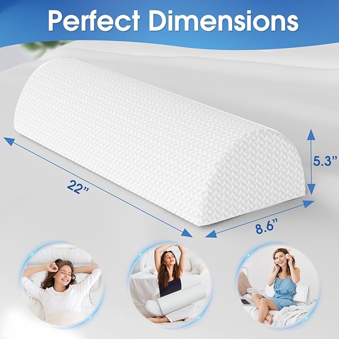 TranquilRelax Knee Pillow for Back Sleeping Memory Foam Half Moon Bolster Pillow for Legs, Under Knee Support, Ankle & Foot Comfort Orthopedic Pillow for Side Sleepers (White, 22" x 8.7" x 5.3")
