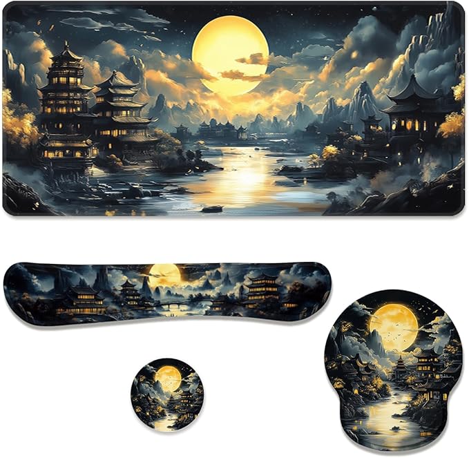 Fantasy Temple Desk Mat Set Golden Moon Asian Night Landscape Large Mouse Pad with Wrist Rest 4in1 Desk Mat for Desktop Ergonomic Computer Desk Arm Wrist Anti-Slip Computer Mouse Pad Office Gaming