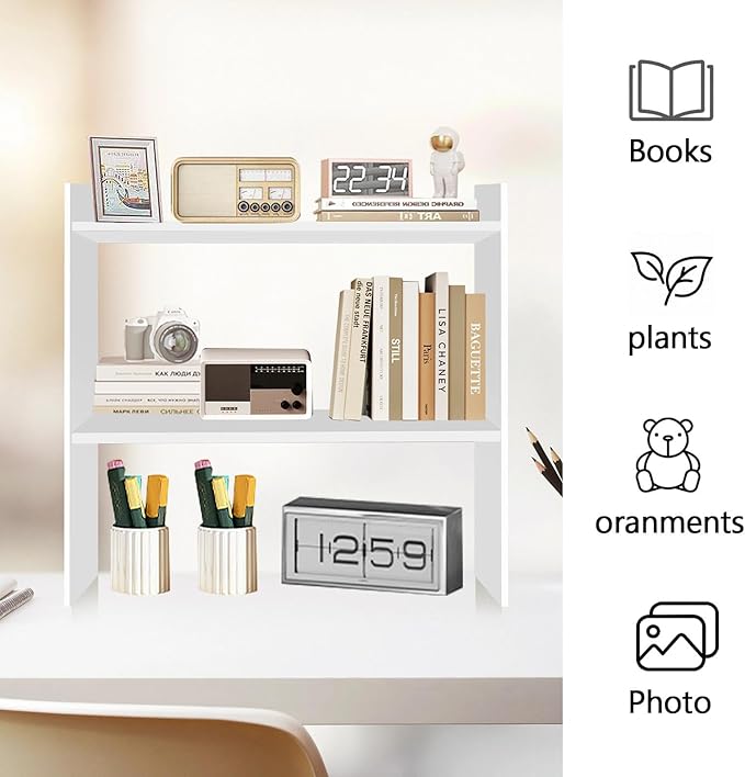 Desktop Shelves - Dorm Desk Shelf Organizer, Mini Bookshelf, 2 Tier Desktop Bookshelf for Workspace Organizers, Tabletop Shelf, Office Desk Shelves White 2 Pack