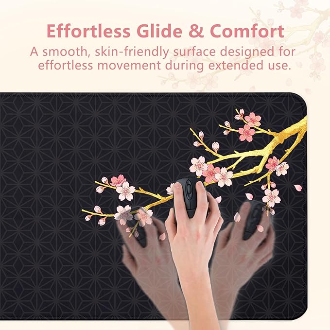 Black Cherry Blossom Mouse Pad Large 35.4×15.7 Pink Floral Japanese Desk Mat for Women, Non-Slip Water-Resistant Keyboard Pad for Home Office Gaming