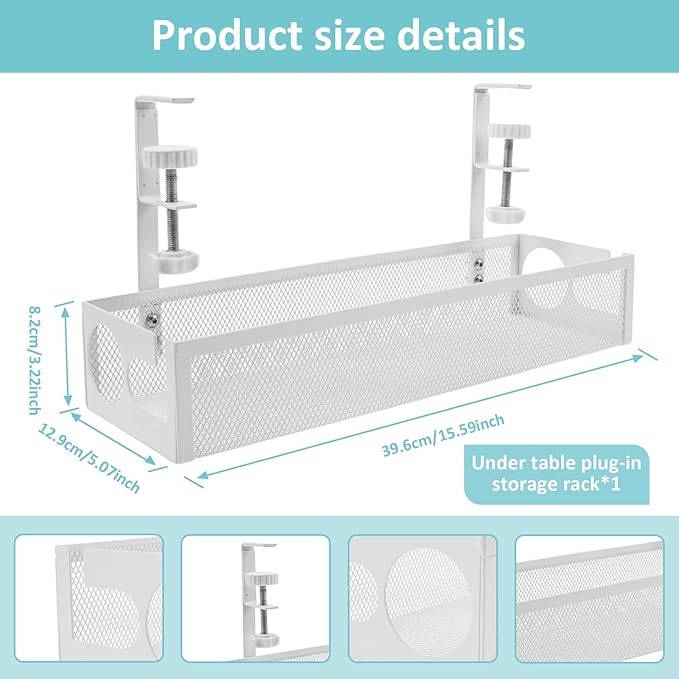 Under Desk Cable Tray, Easy to Install Cable Management Tray, No Drill Under Desk Wire Holder, Space Saving Cord Holder Shelf for Office Home Dormitory(White)