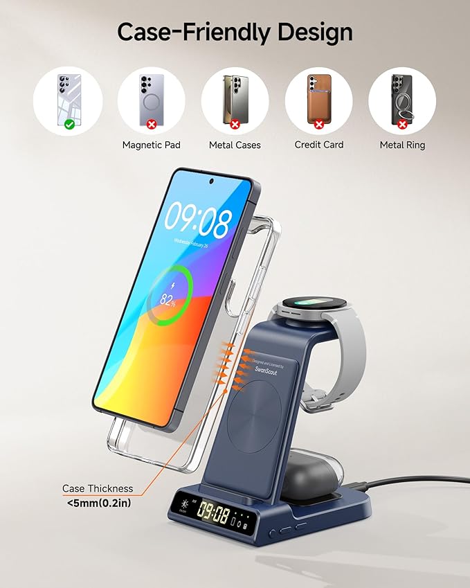 Wireless Charger for Samsung Devices, Wireless Charging Station for Galaxy S26 Ultra/S26+/S26/S25/Z Flip7/S24/S23/S22, for Galaxy Watch 8/8 Classic/7/Ultra/6/5 Pro, Galaxy Buds4 Pro (No Adapter)