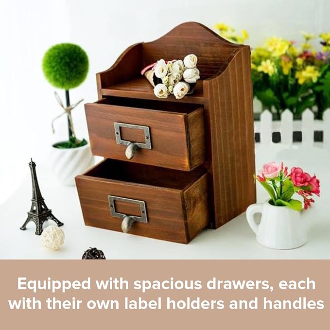 Mini Vintage 2 Drawer Desktop Organizer - Rustic Card Catalog with Label Holders - Small Chest for Organization - Library Box - Wood Table Cabinet Top Vertical Storage Bin