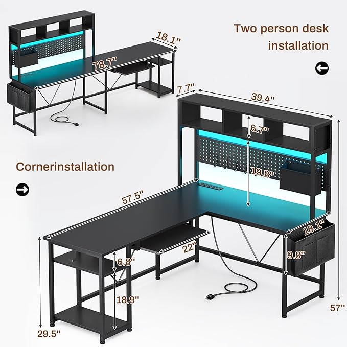 SEDETA L Shaped Gaming Desk with Hutch, 57.5” Reversible Corner Computer Desk with Storage Shelves, Gaming Desk with Pegboard, LED Lights, Power Outlet, Keyboard Tray and Storage Bag, Black