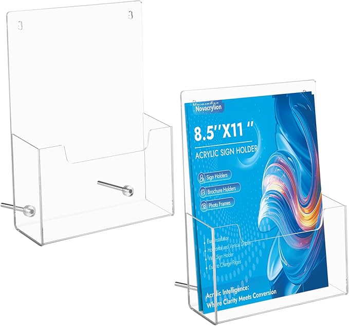 Acrylic Brochure Holder 8.5x11 [2 Pack] - Clear Trifold Sign Holder for Flyers, Menus, Posters | Wall Mount & Desktop Display Stand for Office, Retail, Restaurant