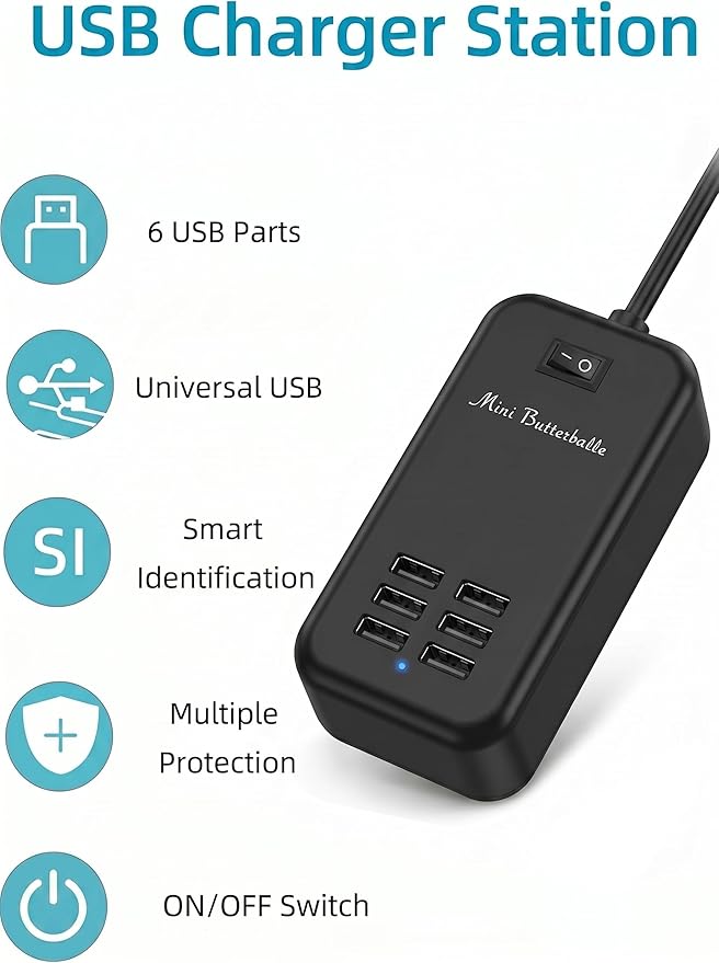 USB Charger Station, 6 Port Desktop Charging Station for Multiple Devices, Wall Power Strip with Switch