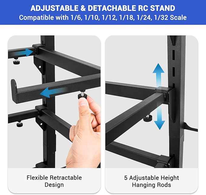 Rc Car Stand Display 5 Tier Metal Storage Rack Shelf Compatible With 1/6 1/10 1/12 1/18 1/24 Scale Crawler Trucks Accessories Multi Layer Model Workstation Organizer Includes 2 Remote Controller Hooks