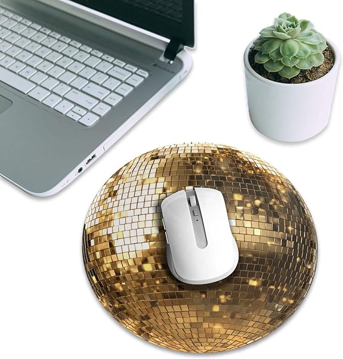 Gold Ball Print Round Mouse Pad Premium Textured Mouse Mat Washable Mousepads with Extended Stitched Edges Non Slip Rubber Base Small Mousepad 7.9 X 7.9 X 0.12 Inches