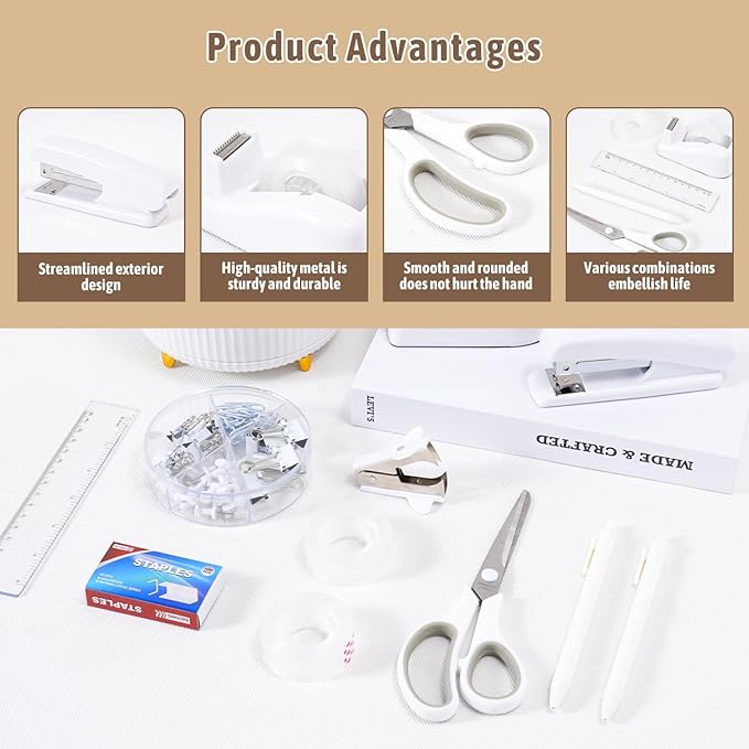 White Desk Accessories 12Pcs Set, Cute Office Supplies Decor for Women, 360° Rotating Pen Holder Organizer with Stapler, Tape Dispenser, Staple Remover, Staples, Tape, Clips Set, Ruler, Scissor, Pen