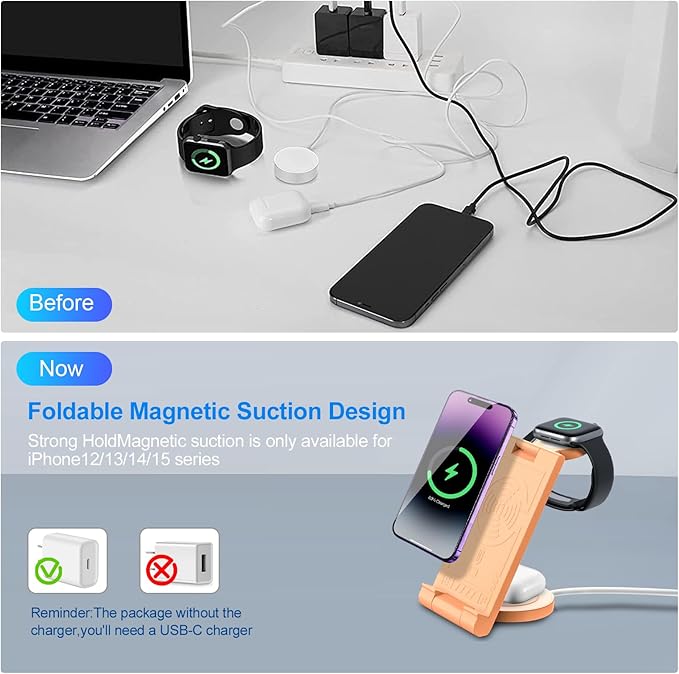 2024 Upgrated Wireless Charger: 3 in 1 Charger Stand Multiple Devices for Apple - iPhone 16 15 14 Pro Max 13 12 11 - Watch 10 9 8 7 6 5 4 3 2 SE and Ultra Series - Airpods 4 3 2 Pro