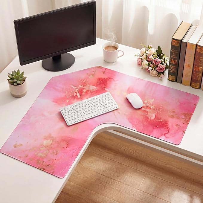 Relaxweex L Shaped Desk Mat for 90° Corner Desks, 26" x 26" Pink Waterproof Mouse Pad with 18" Inner Corner, Non-Slip Rubber Desk Protector for Office & Gaming