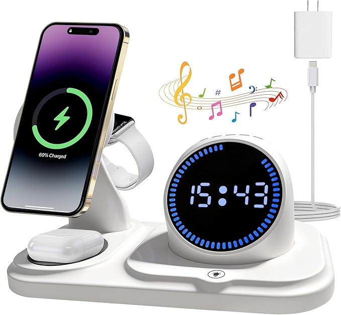 6-in-1 Wireless Charging Station with Bluetooth Speaker,Digital Clock and Ambient Lights,Fast Wireless Charger for for Multiple Devices for Apple - iPhone 17 16 15 14 13 12 Pro Max Apple Watch Airpods