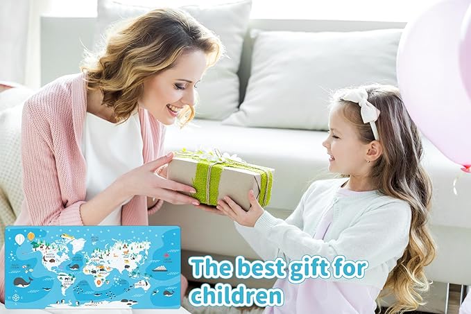 Kid's Desk Mat Cute Early Education Leather Desk Mat, Kawaii Blue Toddler World Map Waterproof Desk Writing Pad, Large Keyboard and Mouse Mat for Classroom/Kindergarten(35.4" X 15.7")